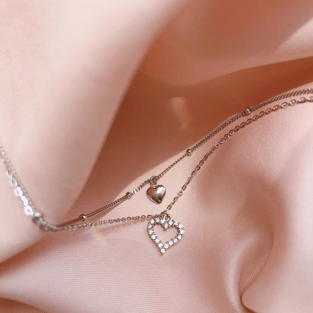 925 Sterling Silver Double Layer Heart Necklace Choker-NEW - Picture 10 of 16